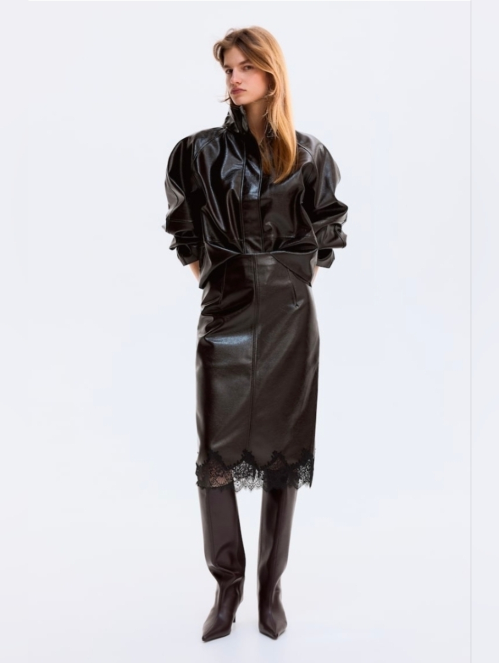 H&M Dark brown Faux Leather Pencil Skirt with Lace Trim
